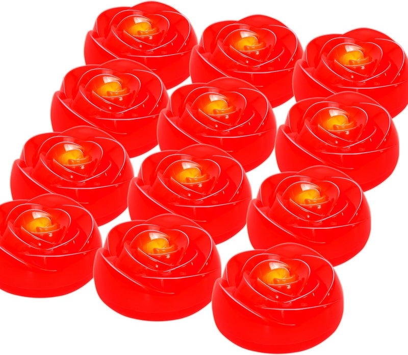 Aignis 12pcs Flameless LED Floating Candles, Red Rose Plastic Tealights Battery Operated, 120+ Hours Glow Time, Cozy Light for Romantic Pool/Bathtub/Hot Bath/Wedding Centerpiece Decor(D2.83 * H1.42) - Image 1